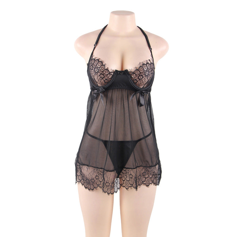 Plus Size Sheer Lace Babydoll Mini Dress-Theone Apparel