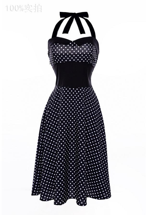 Polka Dots and Pleats Halter Dress-Black/White-Theone Apparel