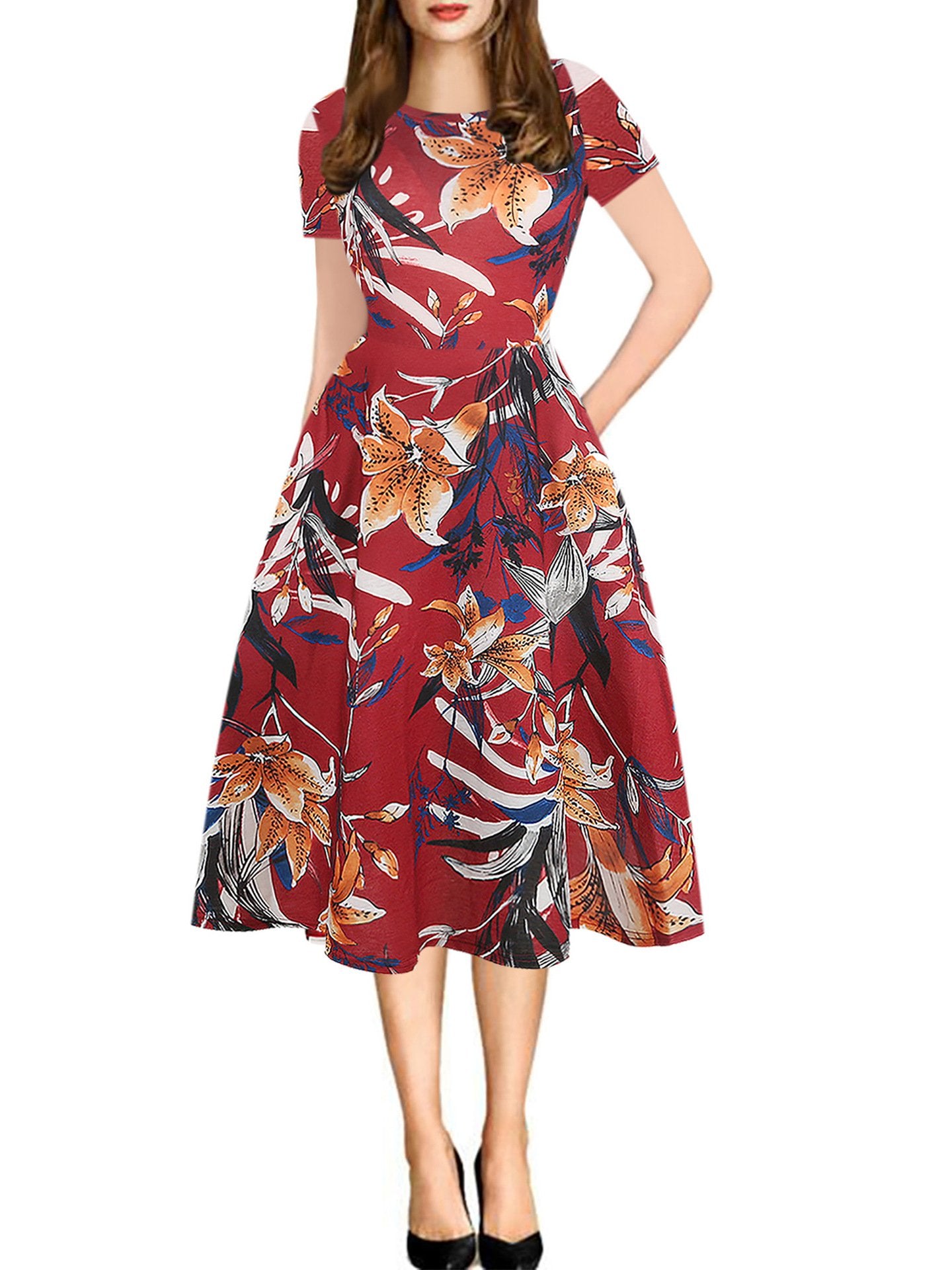 Print Short-Sleeve A-Line Midi Dress