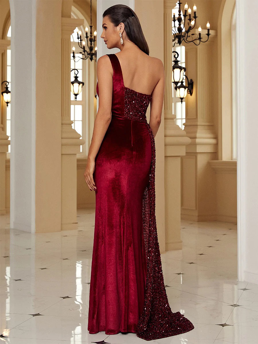 Red Women's Long Gown with Sequined Duster and Cold Shoulder Sleeves Back