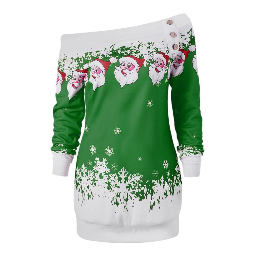 Santa Snowflakes Skew Neck Sweatshirt-Green-Theone Apparel