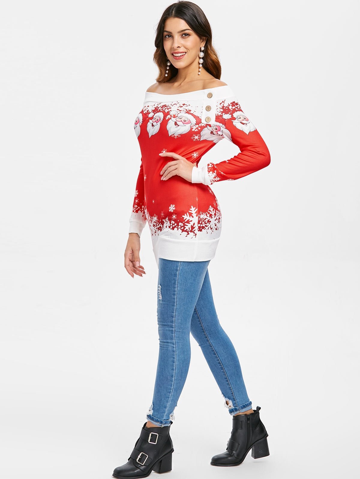 Santa Snowflakes Skew Neck Sweatshirt