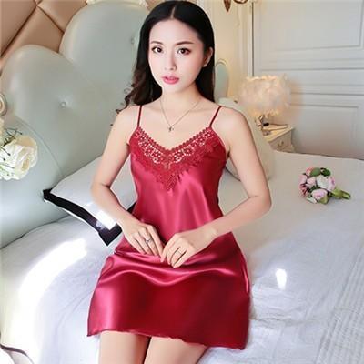 Sheer Illusion Trim Silky Nightie Dress-Dark Red-Theone Apparel