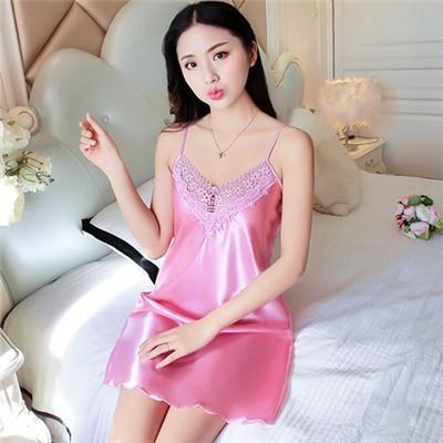 Sheer Illusion Trim Silky Nightie Dress-Pink-Theone Apparel