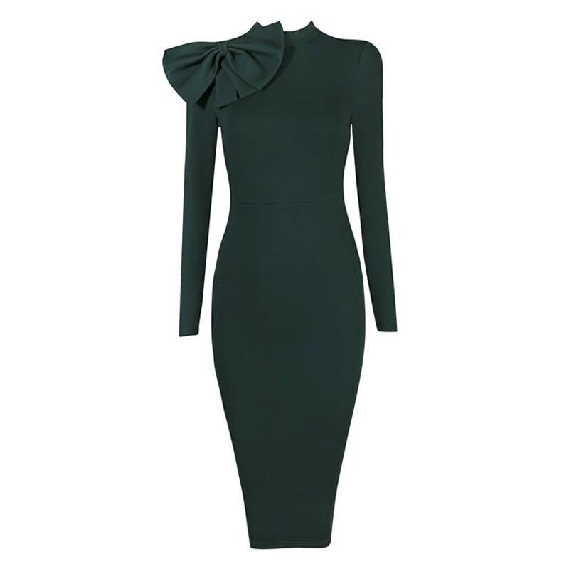 Shoulder Bow Long Bodycon Dress-Dark Green-Theone Apparel