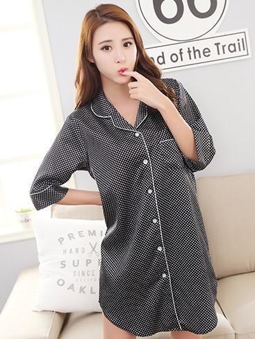 Silky Sleep Shirt with Piped Trim-Black Square 2-Theone Apparel