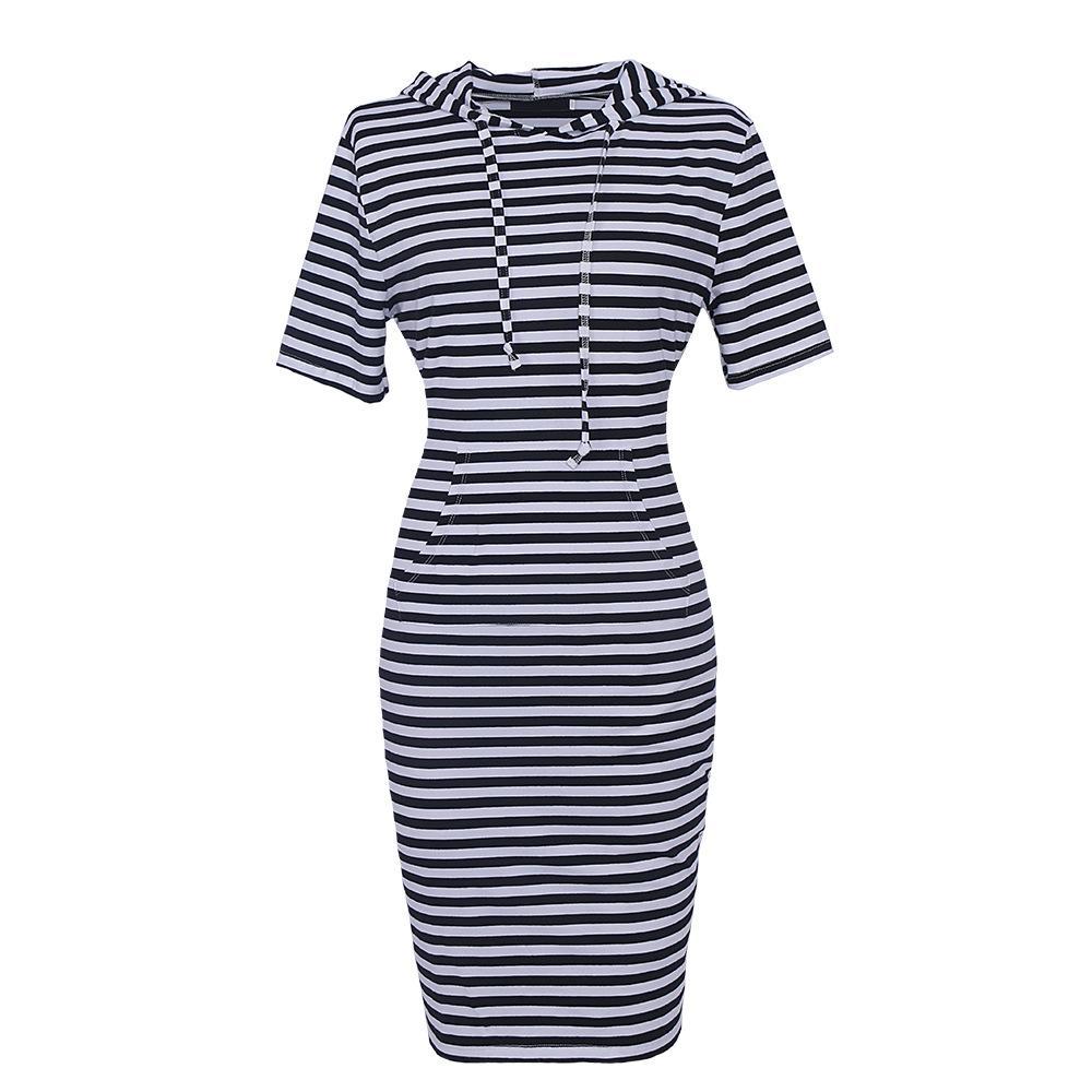 Sporty Drawstring Hood Sweater Dress-Black/White Short Sleeve-Theone Apparel