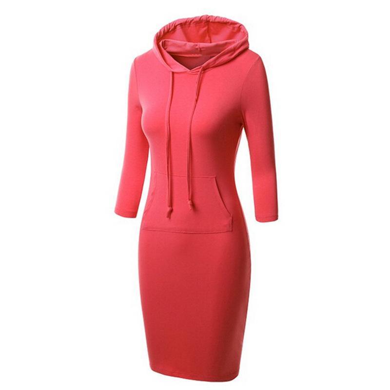 Sporty Drawstring Hood Sweater Dress-Red Long Sleeve-Theone Apparel