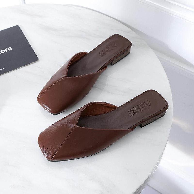 Square Toe Leatherette Slipper Shoes-Brown-Theone Apparel