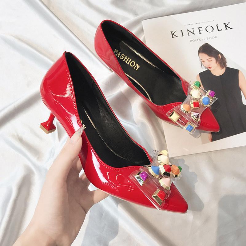 Studded Clear Bow Kitten Heels-Red-Theone Apparel