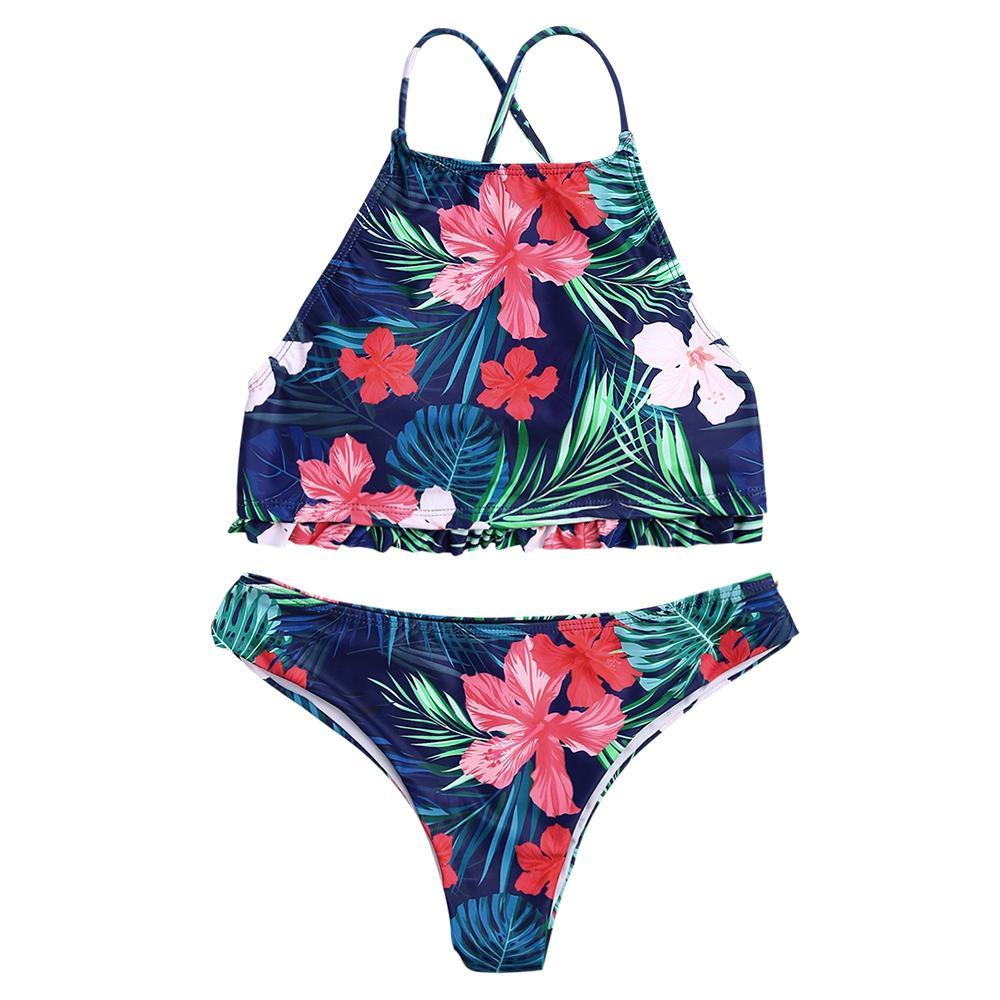 Set bikini leher tinggi tropis