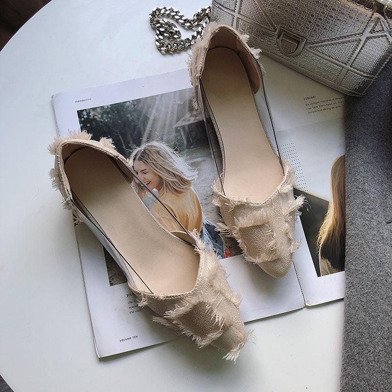 Tweed Fringe Point Toe Flats-Apricot-Theone Apparel