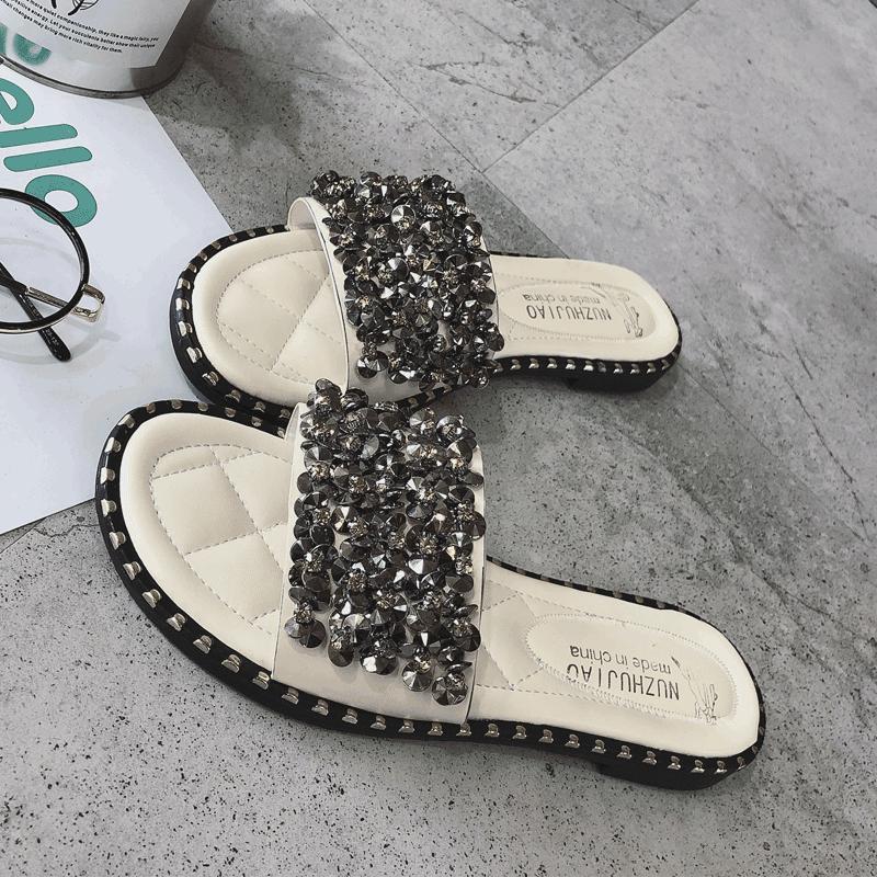 Pearl Encrusted Stud Trim Slippers