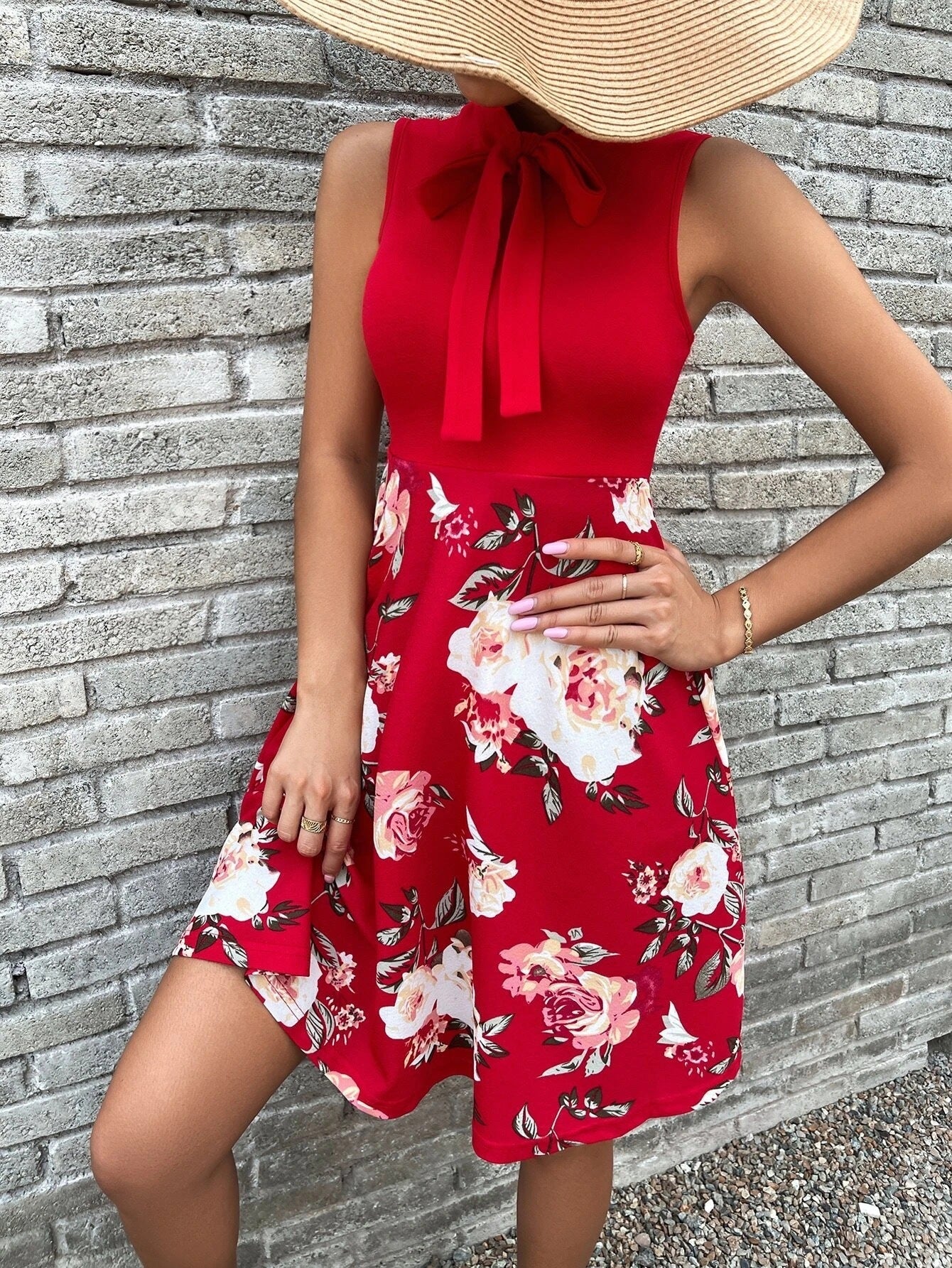 A-Line Sleeveless Floral Dress with Bow Collar - THEONE APPAREL