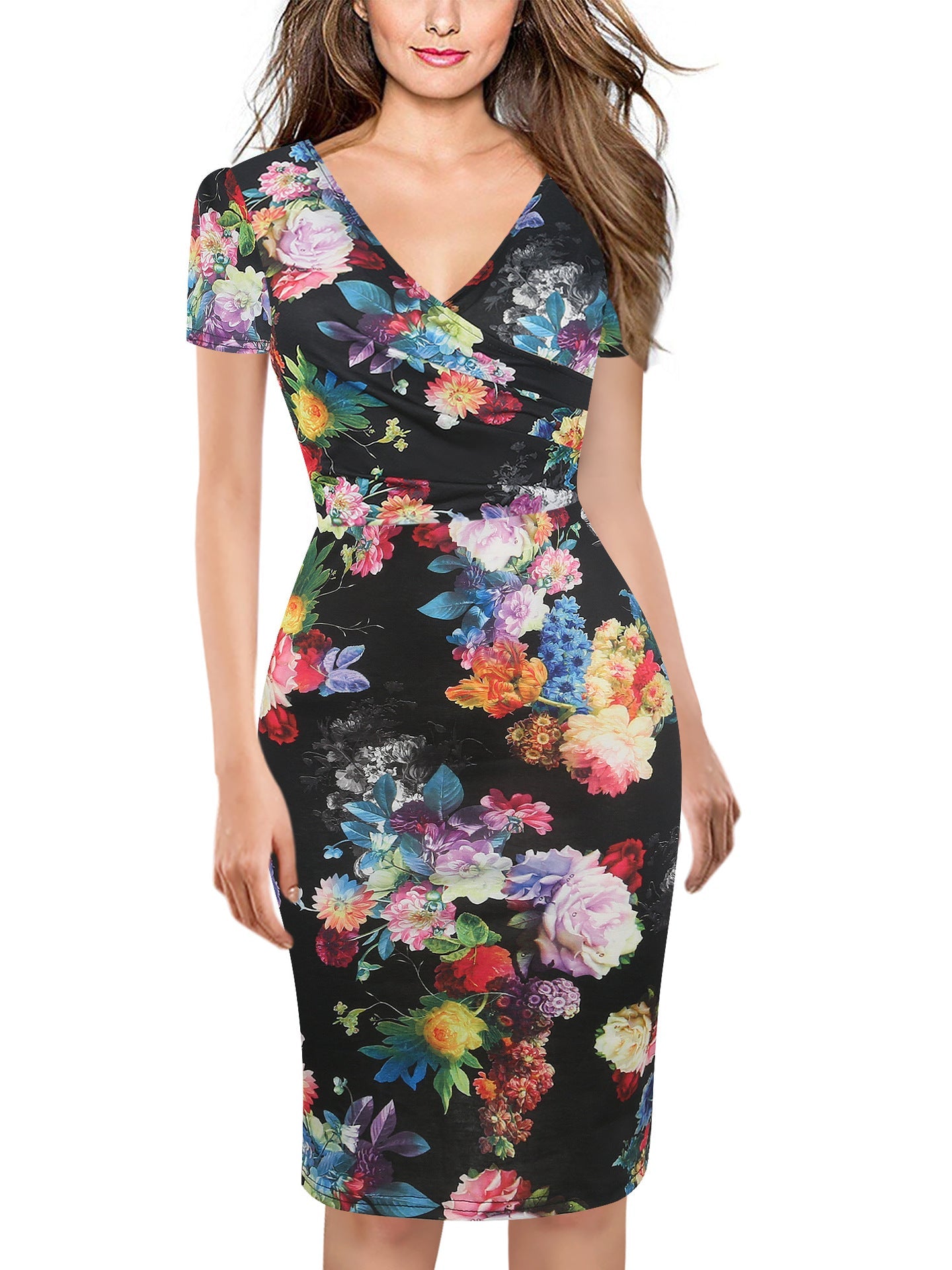 All-Over Print Surplice Short-Sleeve Dress - THEONE APPAREL