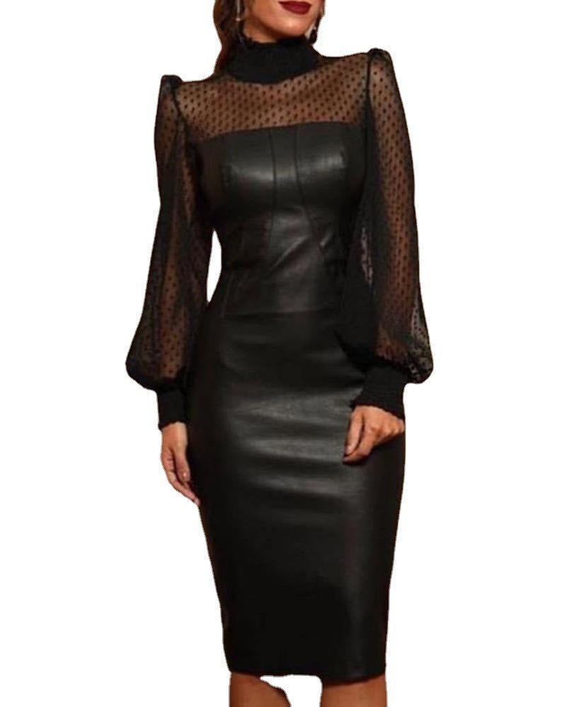 Black Faux Leather and Sheer Polka Dot Long Sleeved Dress - THEONE APPAREL