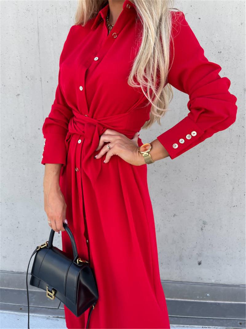 Button Down Long Sleeve Tie Waist Dress - THEONE APPAREL