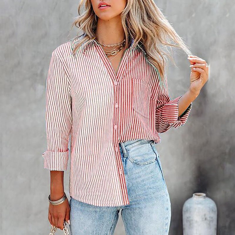 Button Down Vertical Striped Shirt with Breast Pockets - THEONE APPAREL