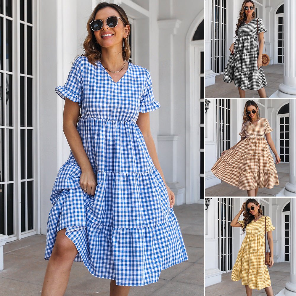 Checked Midi Dress with Tiered Skirt and Short Sleeves - THEONE APPAREL